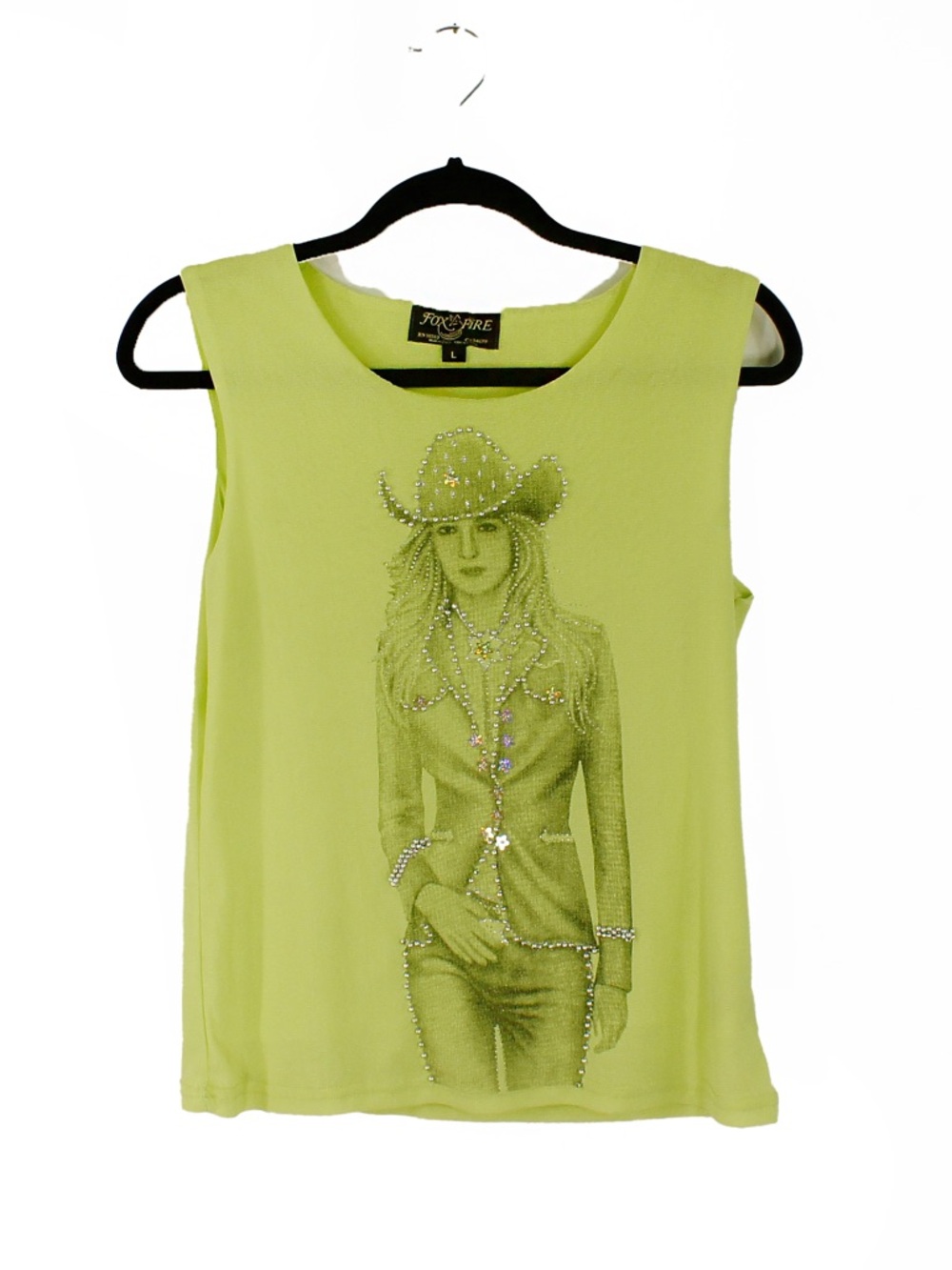 Vintage Y2K Neon Lime Cowgirl Graphic Bling Beaded Sleeveless Western Shirt Top